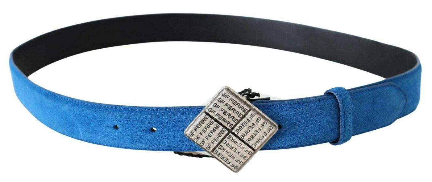 GF Ferre Blue Leather Silver Square Logo Buckle Waist Belt 85 cm / 34 Inches, Belts - Women - Accessories, Blue, feed-agegroup-adult, feed-color-Blue, feed-gender-female, GF Ferre at SEYMAYKA