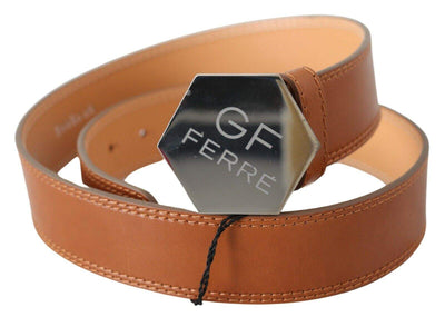 GF Ferre Brown Silver Logo Hexagon Buckle Waist Leather Belt 85 cm / 34 Inches, Belts - Women - Accessories, Brown, feed-agegroup-adult, feed-color-Brown, feed-gender-female, GF Ferre at SEYMAYKA
