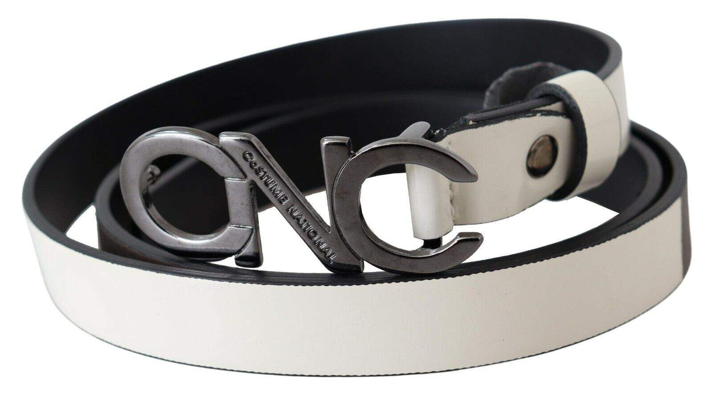 Costume National Belt Mettalic Gray Leather Logo Belt 85 cm / 34 Inches, Belts - Women - Accessories, Costume National, feed-agegroup-adult, feed-color-White, feed-gender-female, White at SEYMAYKA