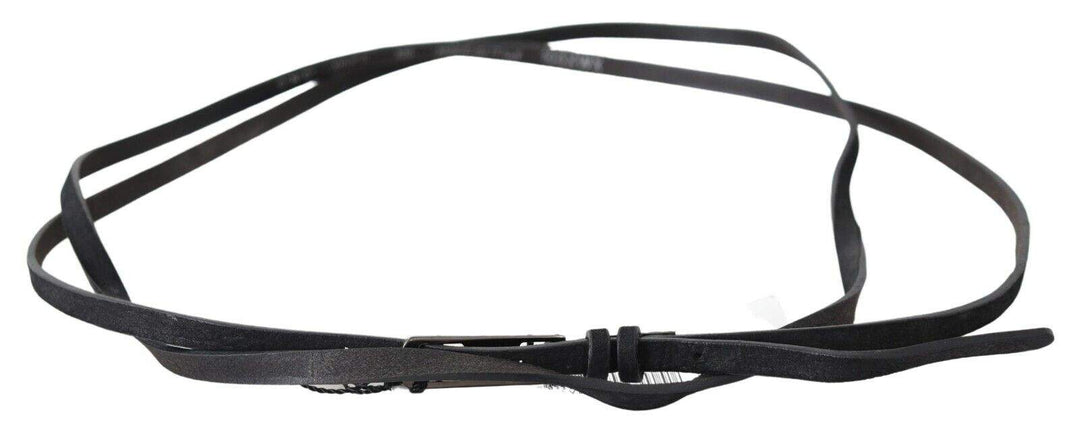 Costume National Black Leather Skinny Logo Buckle Belt 100 cm / 40 Inches, Belts - Women - Accessories, Black, Costume National, feed-agegroup-adult, feed-color-Black, feed-gender-female at SEYMAYKA