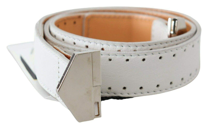 GF Ferre White Leather Hexagon Logo Buckle Waist Belt 85 cm / 34 Inches, Belts - Women - Accessories, feed-agegroup-adult, feed-color-White, feed-gender-female, GF Ferre, White at SEYMAYKA