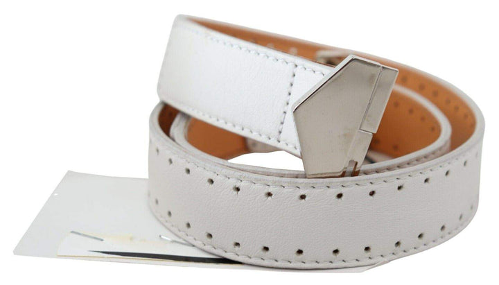 GF Ferre White Leather Hexagon Logo Buckle Waist Belt 85 cm / 34 Inches, Belts - Women - Accessories, feed-agegroup-adult, feed-color-White, feed-gender-female, GF Ferre, White at SEYMAYKA