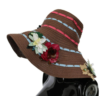 Dolce & Gabbana Brown Knitted Straw Floral Hat 56 cm|XS, Brown, Dolce & Gabbana, feed-agegroup-adult, feed-color-Brown, feed-gender-female, Hat - Women - Accessories at SEYMAYKA