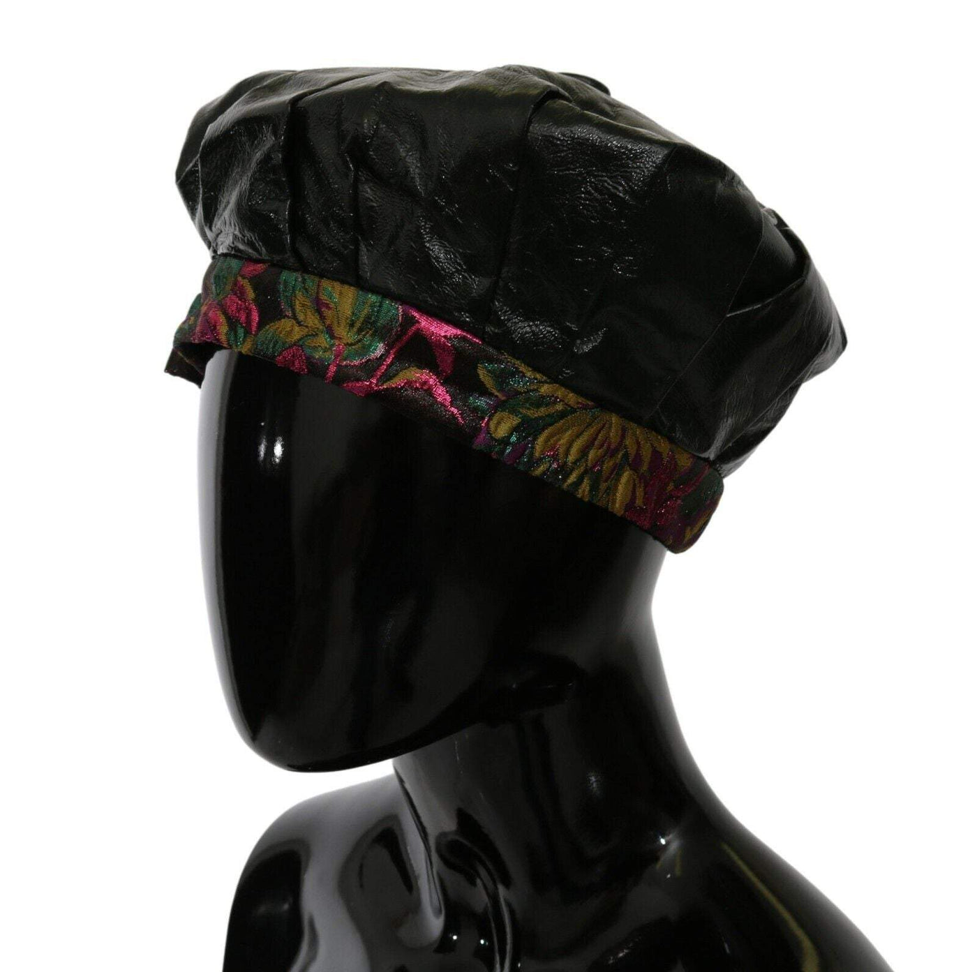 Dolce & Gabbana Black Lamb Leather Floral Print Beret Hat 57 cm|S, Black, Dolce & Gabbana, feed-agegroup-adult, feed-color-Black, feed-gender-female, Hat - Women - Accessories at SEYMAYKA