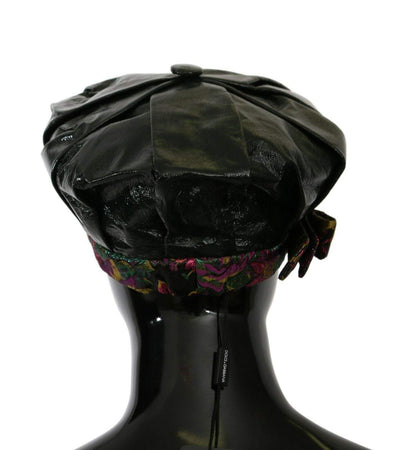 Dolce & Gabbana Black Lamb Leather Floral Print Beret Hat 57 cm|S, Black, Dolce & Gabbana, feed-agegroup-adult, feed-color-Black, feed-gender-female, Hat - Women - Accessories at SEYMAYKA