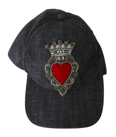 Dolce & Gabbana Blue Denim Embroidered Heart Design Cap 57 cm|S, Blue, Dolce & Gabbana, feed-agegroup-adult, feed-color-Blue, feed-gender-female, Hat - Women - Accessories at SEYMAYKA