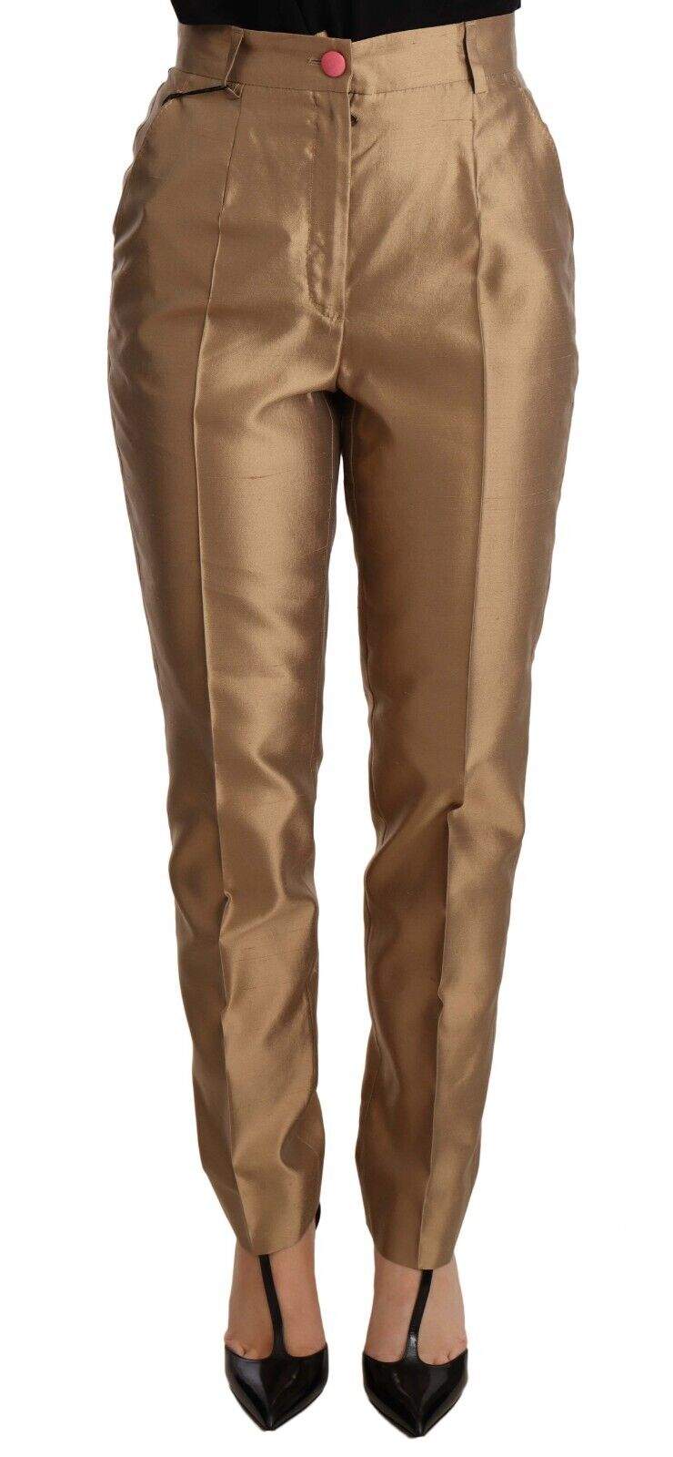 Dolce & Gabbana Gold Silk Tapered Trouser Metallic Pants Dolce & Gabbana, feed-agegroup-adult, feed-color-Gold, feed-gender-female, Gold, IT36 | XS, Jeans & Pants - Women - Clothing at SEYMAYKA