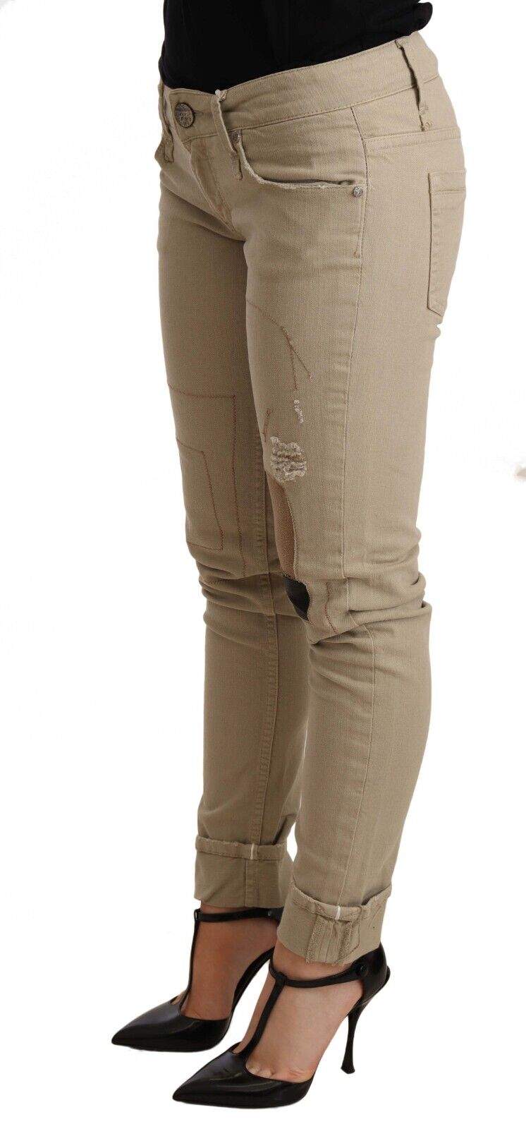 Acht Beige Denim Cotton Bottom Slim Fit Folded Pant Acht, Beige, feed-agegroup-adult, feed-color-Beige, feed-gender-female, Jeans & Pants - Women - Clothing, W26 | IT40 at SEYMAYKA