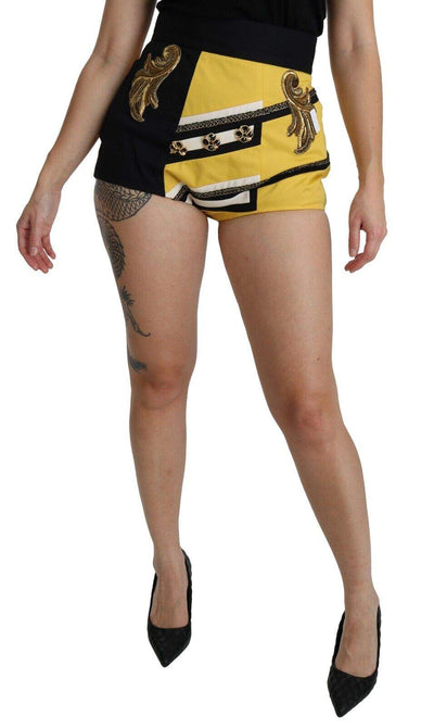 Dolce & Gabbana Yellow Black Cotton Jewelled Hot Pants Shorts Dolce & Gabbana, feed-agegroup-adult, feed-color-Yellow, feed-gender-female, IT36 | XS, IT38|XS, IT40|S, IT46 | L, Skirts - Women - Clothing, Yellow at SEYMAYKA