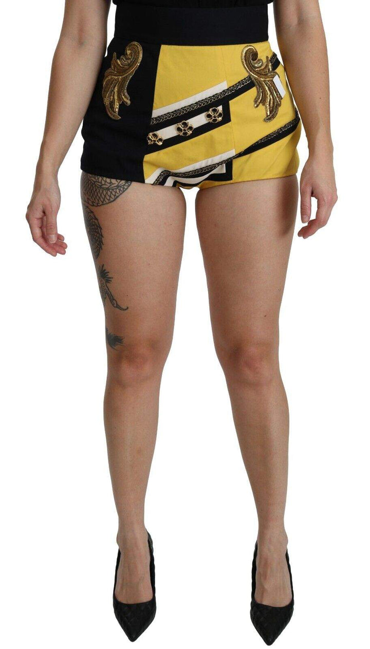 Dolce & Gabbana Yellow Black Cotton Jewelled Hot Pants Shorts Dolce & Gabbana, feed-agegroup-adult, feed-color-Yellow, feed-gender-female, IT36 | XS, IT38|XS, IT40|S, IT46 | L, Skirts - Women - Clothing, Yellow at SEYMAYKA