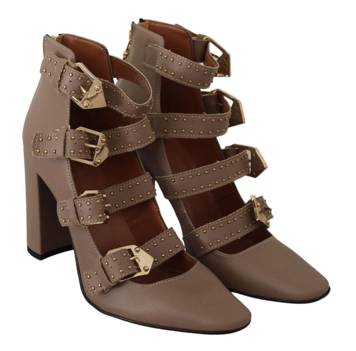 MY TWIN Brown Leather Block Heels Multi Buckle Pumps Brown, EU37/US6.5, feed-1, MY TWIN, Pumps - Women - Shoes at SEYMAYKA