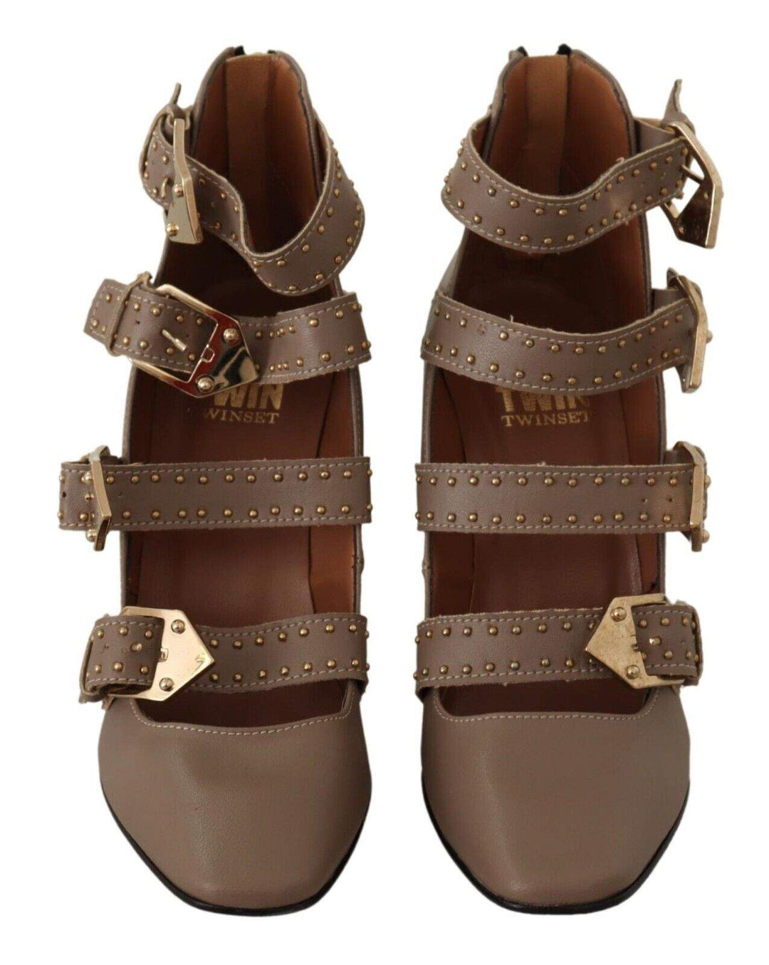 MY TWIN Brown Leather Block Heels Multi Buckle Pumps Brown, EU37/US6.5, feed-1, MY TWIN, Pumps - Women - Shoes at SEYMAYKA
