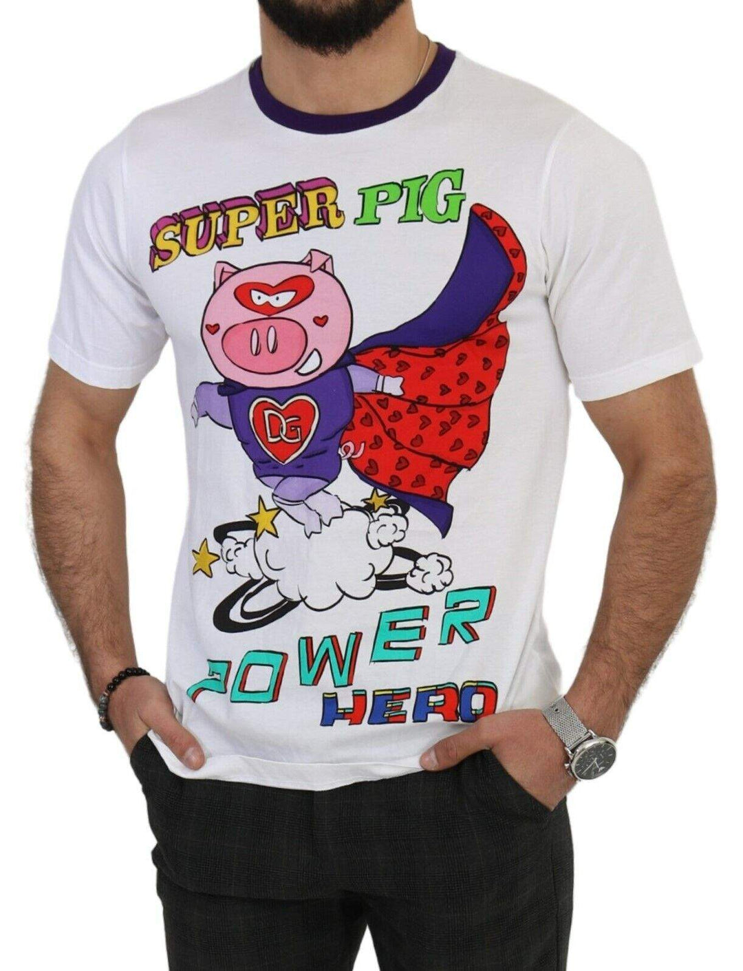 Dolce & Gabbana White Cotton Top Super Power Pig T-shirt #men, Dolce & Gabbana, feed-1, IT44 | XS, IT46 | S, IT48 | M, IT50 | L, IT52 | XL, IT54 | XL, IT56 | XXL, T-Shirts - Men - Clothing, White at SEYMAYKA