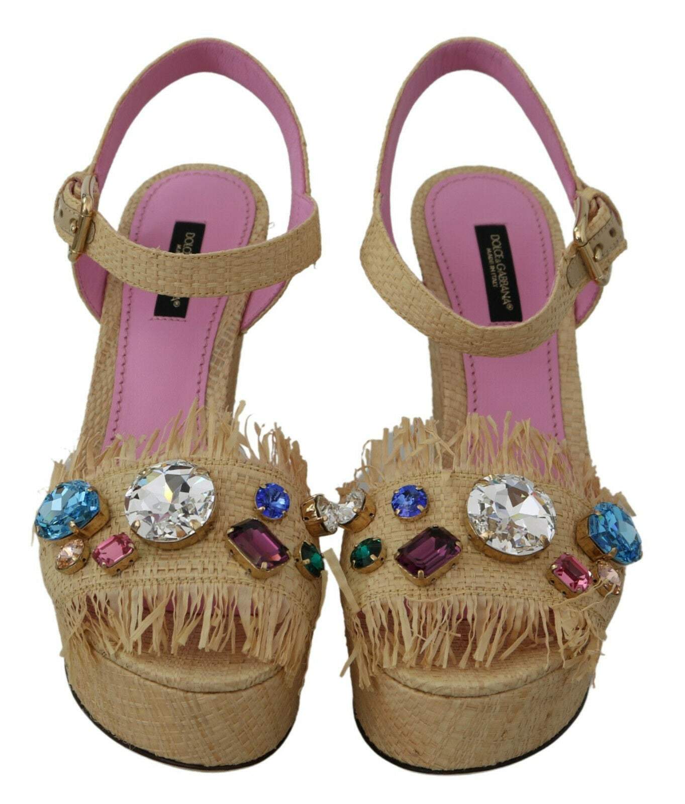 Dolce & Gabbana Beige Rhinestones Wedge Heel Sandals Shoes Beige, Dolce & Gabbana, EU38/US7.5, feed-1, Sandals - Women - Shoes at SEYMAYKA