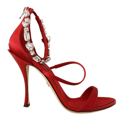 Dolce & Gabbana Red Satin Crystals Sandals Keira Heels Shoes Dolce & Gabbana, EU38/US7.5, feed-1, Red, Sandals - Women - Shoes at SEYMAYKA