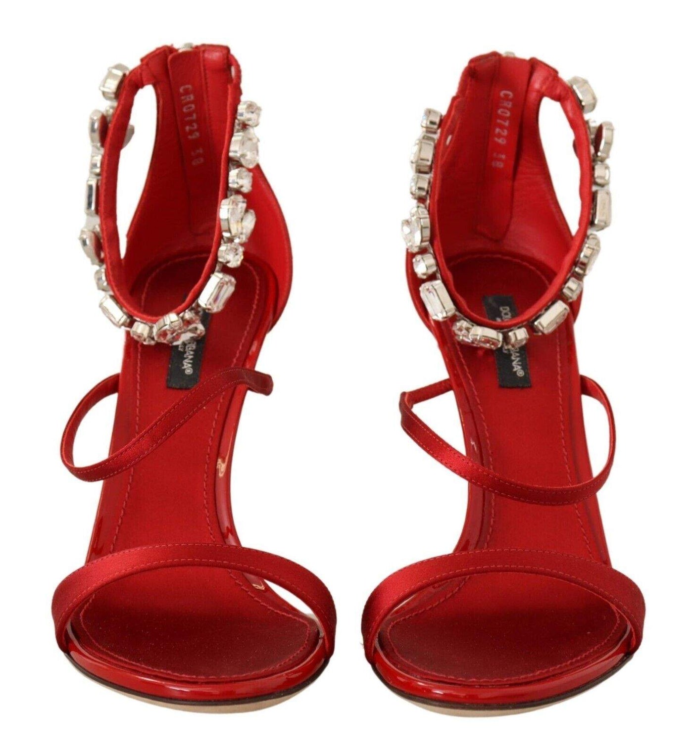 Dolce & Gabbana Red Satin Crystals Sandals Keira Heels Shoes Dolce & Gabbana, EU38/US7.5, feed-1, Red, Sandals - Women - Shoes at SEYMAYKA