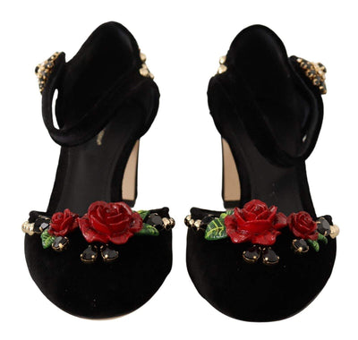 Dolce & Gabbana Black Velvet Roses Ankle Strap Pumps Black, Dolce & Gabbana, EU38.5/US8, feed-1, Pumps - Women - Shoes at SEYMAYKA