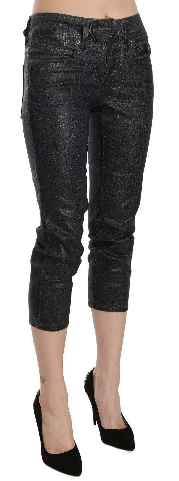 John Galliano Black Washed Mid Waist Slim Leg Cropped Denim Pants Black, feed-1, Jeans & Pants - Women - Clothing, John Galliano, W24, W25, W26, W27, W28, W29 at SEYMAYKA