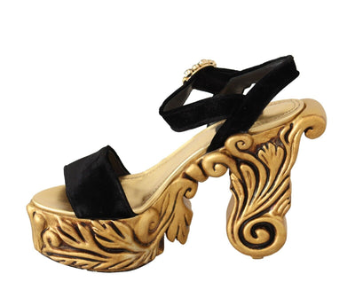 Dolce & Gabbana Black Gold Baroque Velvet Heels Crystal