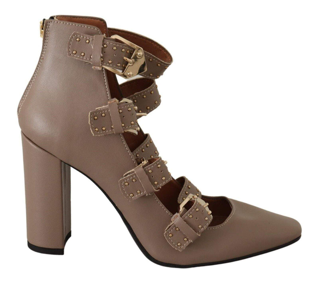 MY TWIN Brown Leather Block Heels Multi Buckle Pumps Brown, EU37/US6.5, feed-1, MY TWIN, Pumps - Women - Shoes at SEYMAYKA