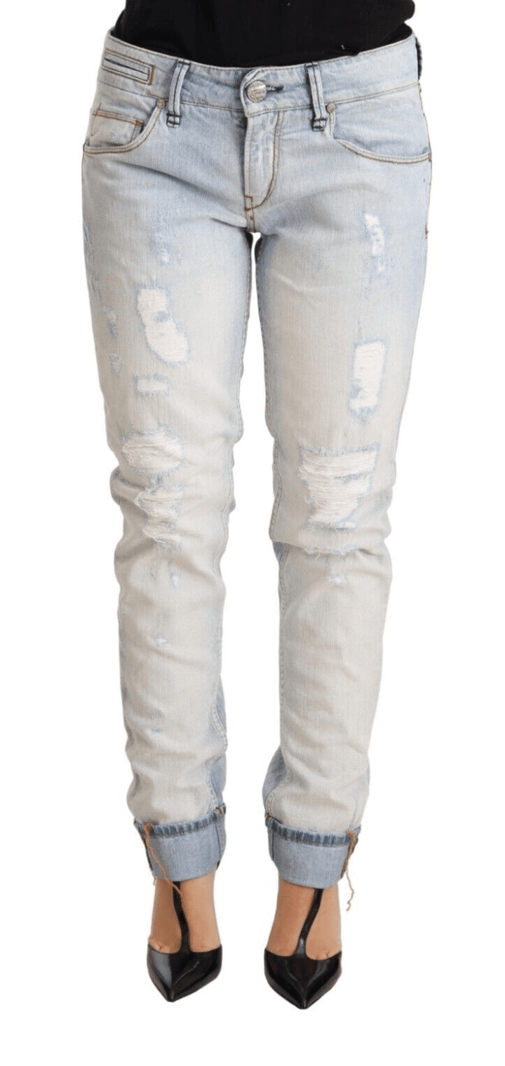 Acht Light Blue Distressed Cotton Folded Hem Denim Trouser Jeans Acht, feed-1, Jeans & Pants - Women - Clothing, Light-blue, W26 at SEYMAYKA