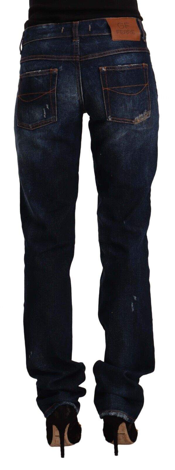 GF Ferre Dark Blue Washed Mid Waist Cotton Denim Straight Jeans Blue, feed-1, GF Ferre, Jeans & Pants - Women - Clothing, W26 | IT40 at SEYMAYKA