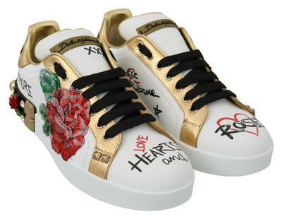 Dolce & Gabbana White Roses Sequined Crystal Womens Sneakers Shoes