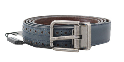 Blue Perforated Leather Gray Buckle Belt