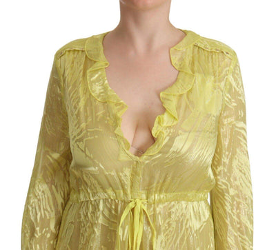 Patrizia Pepe Yellow Silk Long Sleeves Plunging Maxi Dress Dresses - Women - Clothing, feed-1, IT40|S, Patrizia Pepe, Yellow at SEYMAYKA