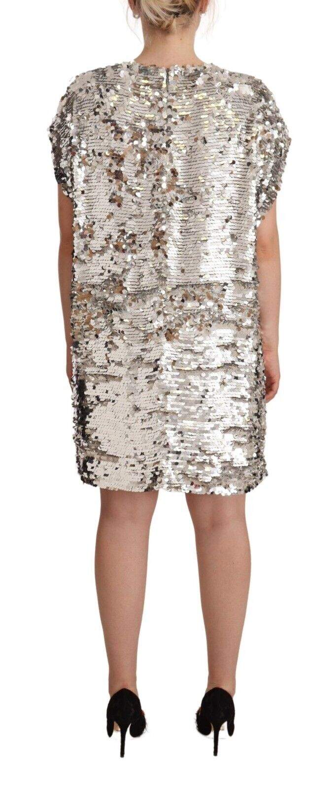 MSGM Silver Sequined Polyester Short Sleeves Shift Mini Dress Dresses - Women - Clothing, feed-1, IT38|XS, MSGM, Silver at SEYMAYKA