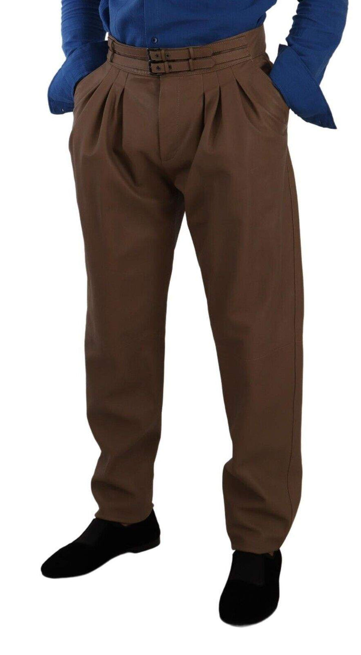 Dolce & Gabbana Brown Leather Tapered High Waist Pants #men, Brown, Dolce & Gabbana, feed-1, IT48 | M, Jeans & Pants - Men - Clothing at SEYMAYKA