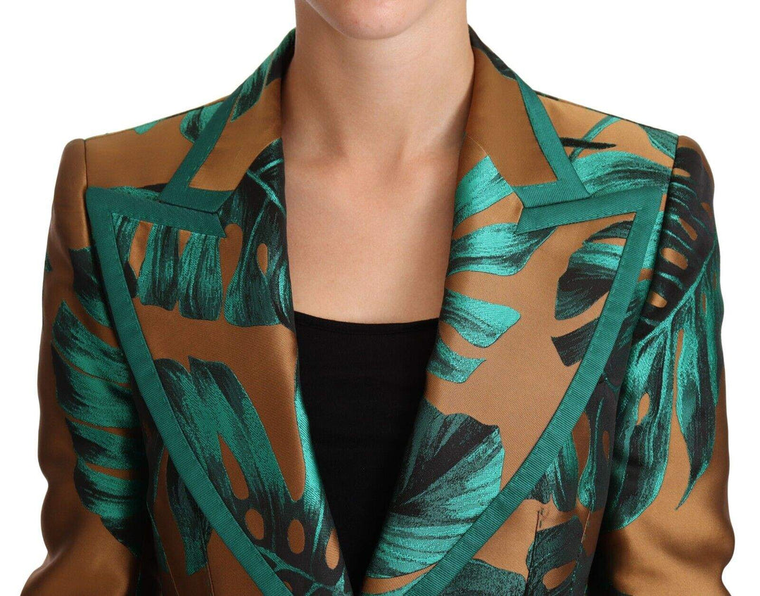Dolce & Gabbana Brown Green Leaf Jacquard Coat Jacket Brown, Dolce & Gabbana, feed-1, IT38|XS, Jackets & Coats - Women - Clothing at SEYMAYKA
