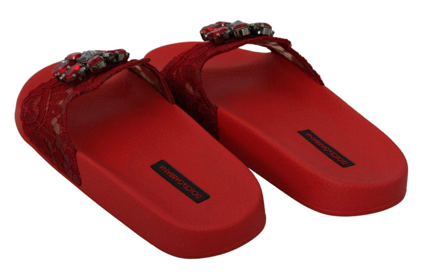 Dolce & Gabbana Red Lace Crystal Sandals Slides Beach Dolce & Gabbana, EU36/US5.5, EU37/US6.5, feed-1, Flat Shoes - Women - Shoes, Red at SEYMAYKA