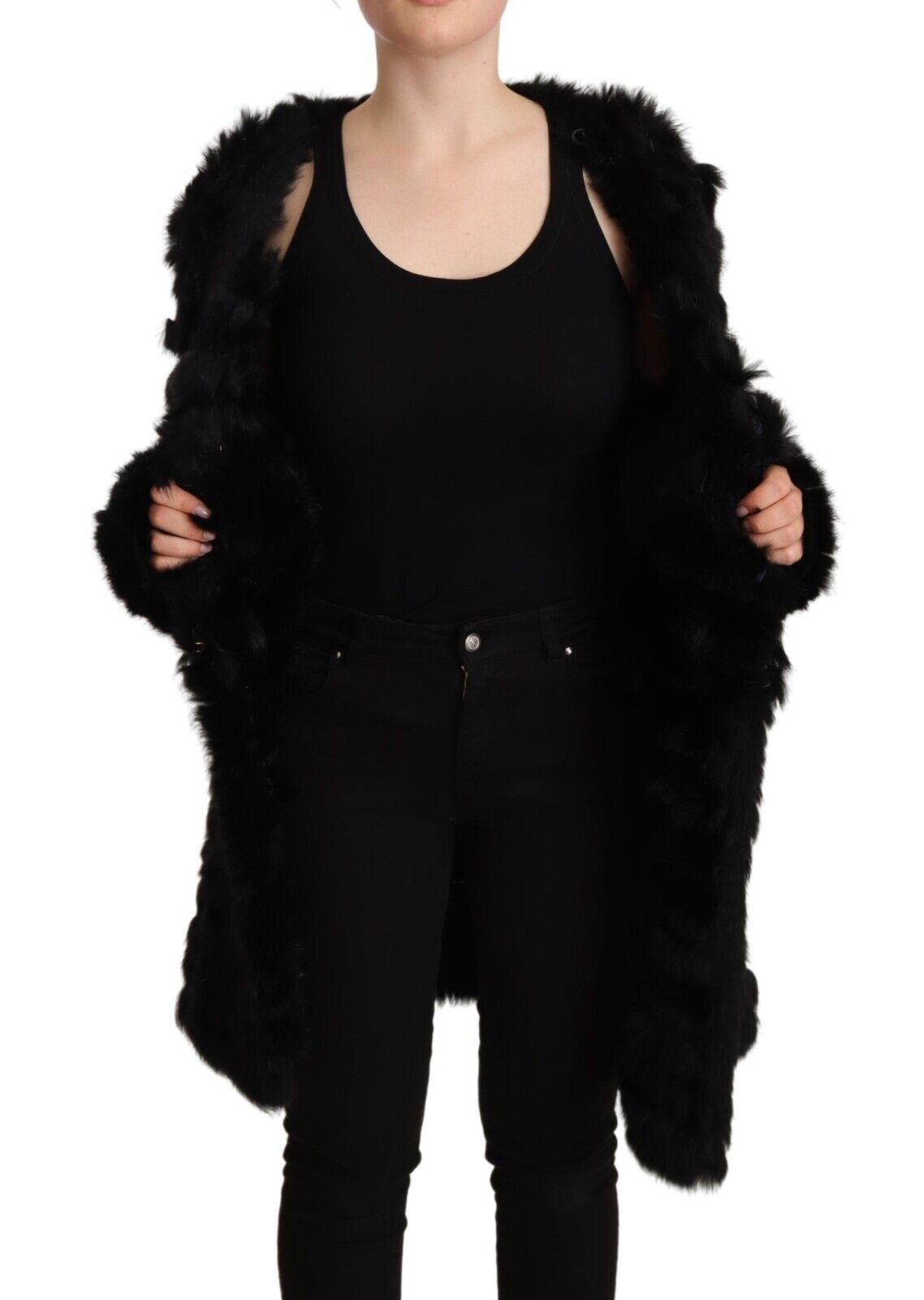 Just Cavalli Black Rabbit Fur Cardigan Long Sleeves Jacket