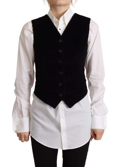 Dolce & Gabbana Black V-neck Leopard Corduroy Button Vest Top Black, Dolce & Gabbana, feed-1, IT40|S, Vests - Women - Clothing at SEYMAYKA