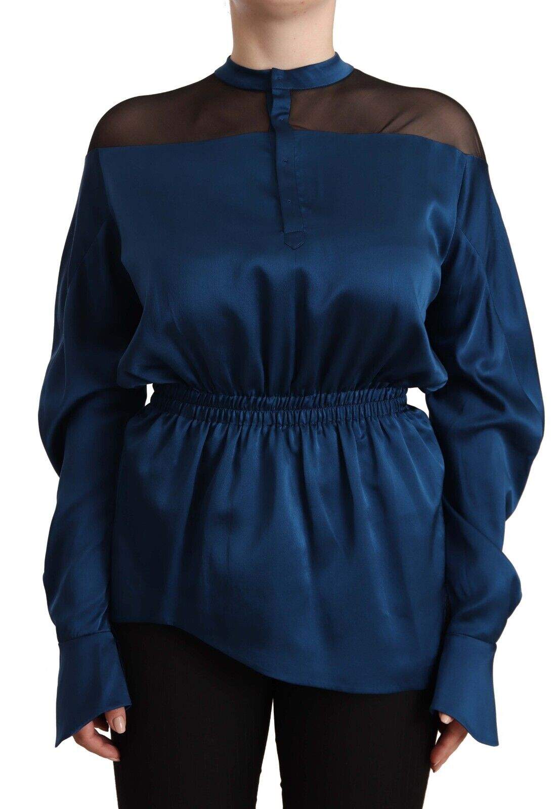 Masha Ma Blue Silk Long Sleeves Elastic Waist Top Blouse Blue, feed-1, IT38|XS, IT40|S, IT42|M, Masha Ma, Tops & T-Shirts - Women - Clothing at SEYMAYKA
