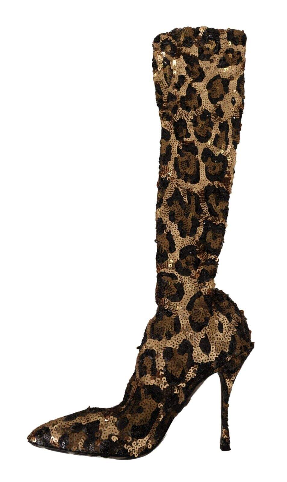 Dolce & Gabbana Gold Leopard Sequins Heels Boots Boots - Women - Shoes, Dolce & Gabbana, EU39.5/US9, feed-1, Gold at SEYMAYKA