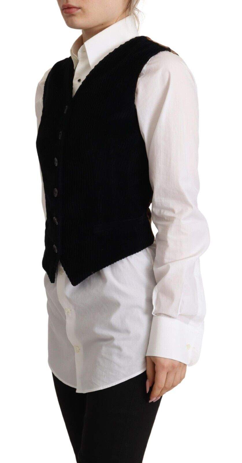 Dolce & Gabbana Black V-neck Leopard Corduroy Button Vest Top Black, Dolce & Gabbana, feed-1, IT40|S, Vests - Women - Clothing at SEYMAYKA