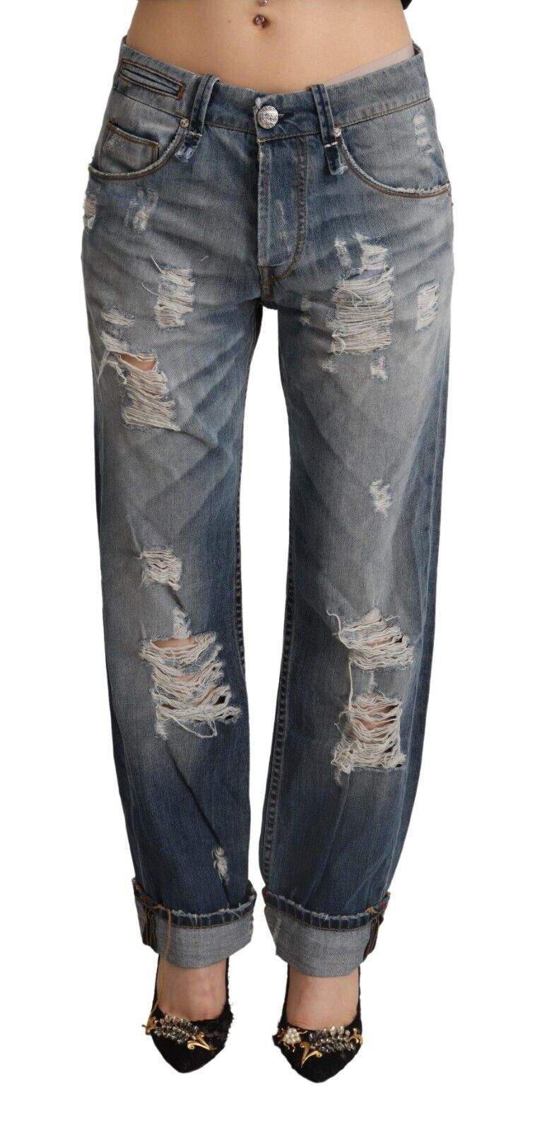 Acht Blue Tattered Mid Waist Straight Denim Cotton Jeans Acht, Blue, feed-1, Jeans & Pants - Women - Clothing, W26 at SEYMAYKA