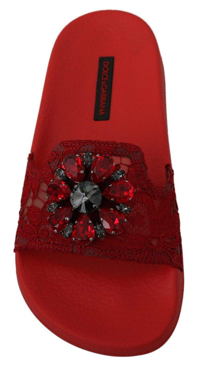 Dolce & Gabbana Red Lace Crystal Sandals Slides Beach Dolce & Gabbana, EU36/US5.5, EU37/US6.5, feed-1, Flat Shoes - Women - Shoes, Red at SEYMAYKA