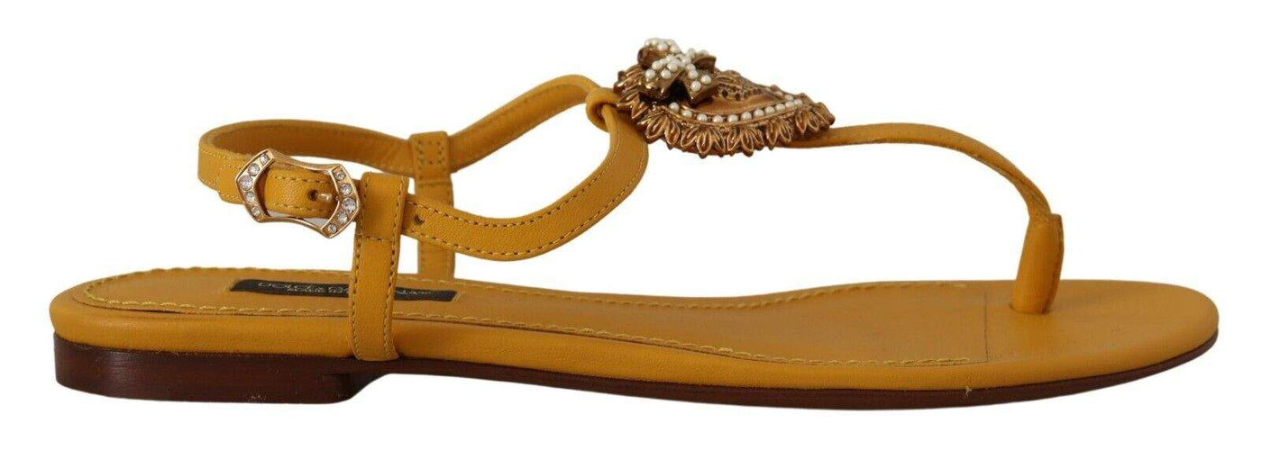 Dolce & Gabbana Mustard Leather Devotion Flats Sandals Dolce & Gabbana, EU35/US4.5, feed-1, Sandals - Women - Shoes, Yellow at SEYMAYKA