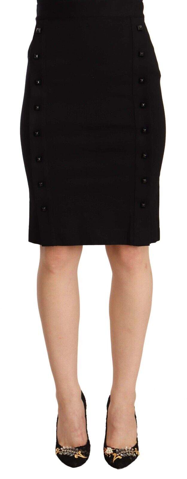 GF Ferre Black High Waist Viscose Knee Length Pencil Cut Skirt Black, feed-1, GF Ferre, IT40|S, Skirts - Women - Clothing at SEYMAYKA