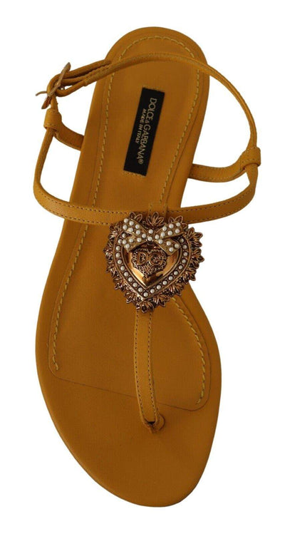 Dolce & Gabbana Mustard Leather Devotion Flats Sandals Dolce & Gabbana, EU35/US4.5, feed-1, Sandals - Women - Shoes, Yellow at SEYMAYKA
