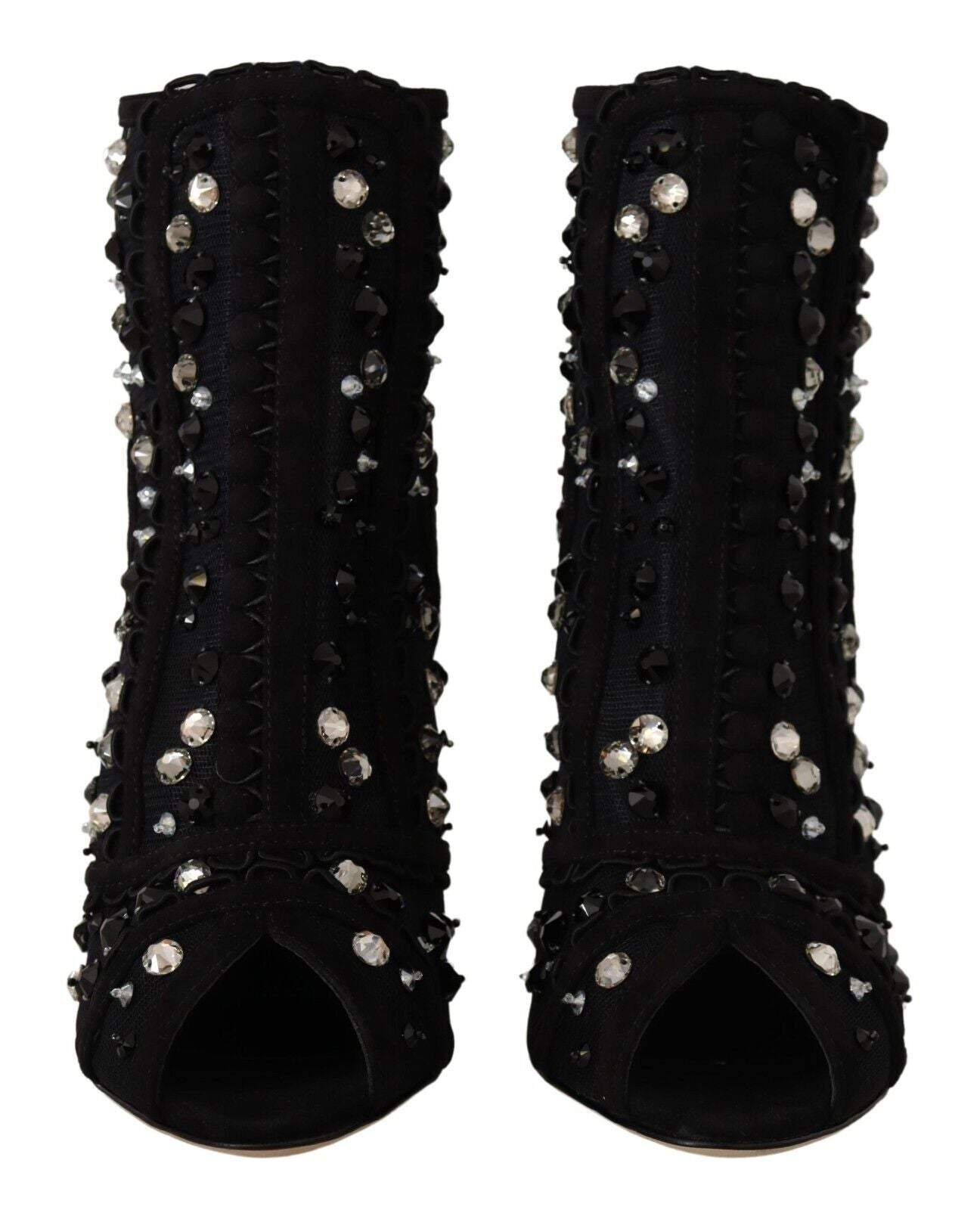 Dolce & Gabbana Black Crystals Heels Zipper Short Boots Black, Boots - Women - Shoes, Dolce & Gabbana, EU37.5/US7, feed-1 at SEYMAYKA