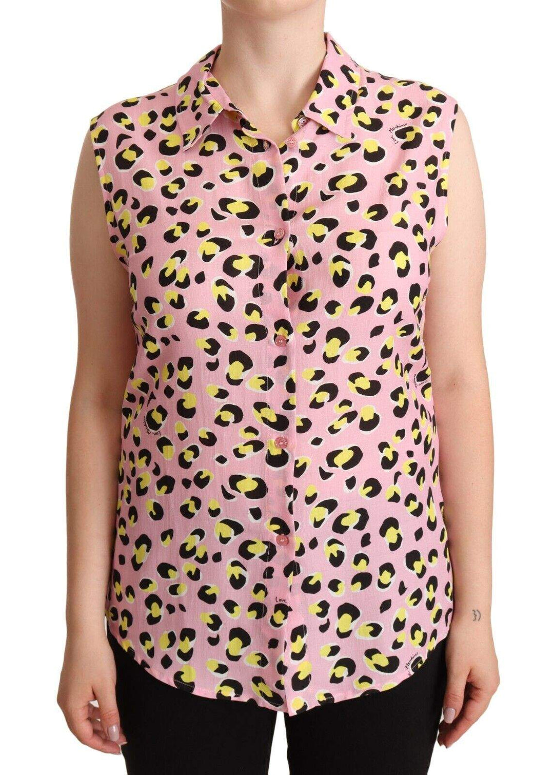 Love Moschino Pink Leopard Print Sleeveless Collared Polo Top feed-1, IT46|XL, Love Moschino, Pink, Tops & T-Shirts - Women - Clothing at SEYMAYKA