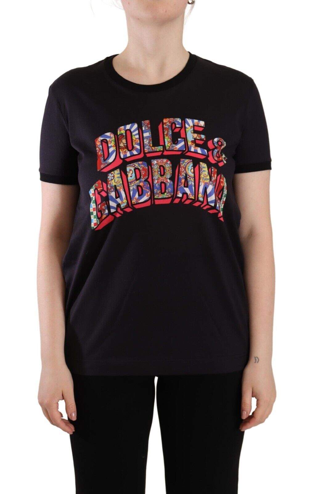 Dolce & Gabbana Black Logo Print Cotton Crew Neck Tee T-shirt Black, Dolce & Gabbana, feed-1, IT42|M, Tops & T-Shirts - Women - Clothing at SEYMAYKA