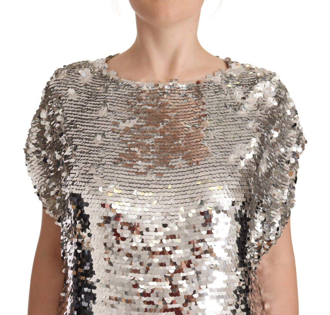 MSGM Silver Sequined Polyester Short Sleeves Shift Mini Dress Dresses - Women - Clothing, feed-1, IT38|XS, MSGM, Silver at SEYMAYKA
