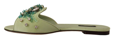 Dolce & Gabbana Green Leather Crystals Slides Women Flats Shoes Dolce & Gabbana, EU39/US8.5, feed-1, Flat Shoes - Women - Shoes, Green at SEYMAYKA