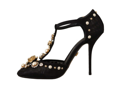 Dolce & Gabbana Black Faux Pearl Crystal Vally Heels Sandals Black, Dolce & Gabbana, EU39/US8.5, feed-1, Sandals - Women - Shoes at SEYMAYKA