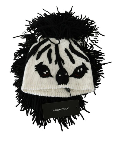 Dolce & Gabbana Black White Knitted Cashmere Animal Design Hat Accessories - New Arrivals, Black/White, Dolce & Gabbana, feed-agegroup-adult, feed-color-Black, feed-gender-female, Hats - Women - Accessories at SEYMAYKA